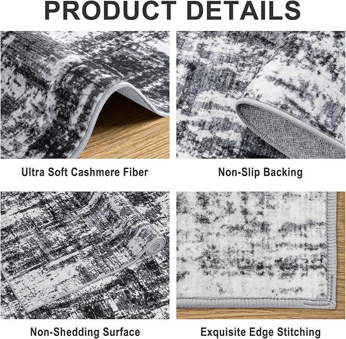 Area Rugs Living Room Rug - 5x7 Washable Modern Abstract Soft Neutral Non-Slip Carpet Large Indoor Floor Thin Carpets for Bedroom Dining Room Farmhouse Nursery Home Office Black