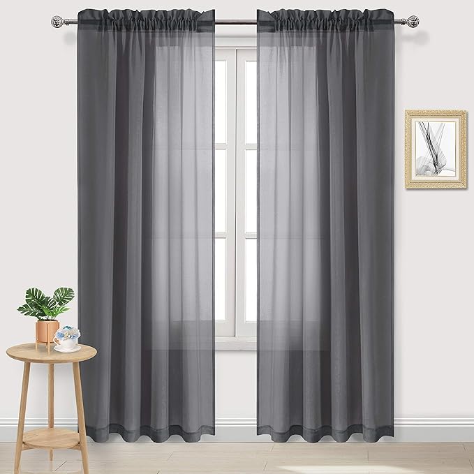 DWCN Dark Gray Sheer Curtains Semi Transparent Voile Rod Pocket Curtains for Bedroom and Living Room, 52 x 84 inches Long, Set of 2 Panels