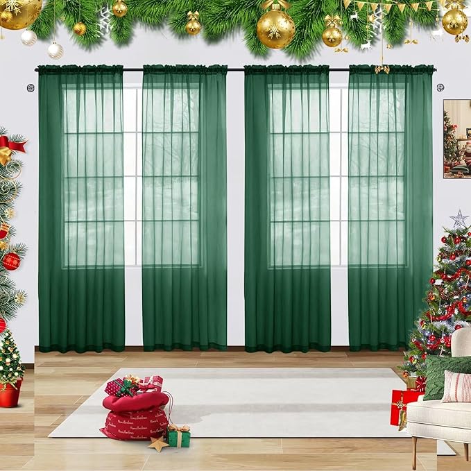 youleyar Solid Sheer Rod Pocket Curtain Voile Draperies 4 Panels White Beige Black Grey Ivory 52 Inch Width 54 Inch Long 1 Pair for Kitchen Bedroom Children Living Room Yard(Foliage Green,52 Wｘ54 L)