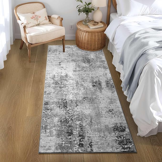Ompaa Runner Rug for Hallways Kitchen Runner Rug Non Slip 2'6''x8' Washable Grey Long Runner Rugs with Rubber Backing Soft Abstract Carpet Runner for Entryway, Kitchen, Bedroom, Bathroom
