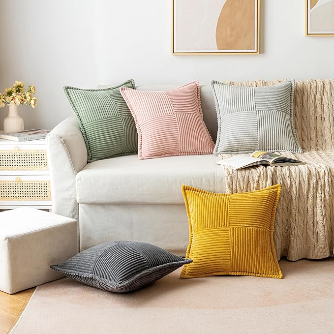 MIULEE Decorative Throw Pillow Covers for Couch Bed Livingroom 20x20 Inch Set of 2 Light Olive Green Boho Accent Throw Pllows Broadside Striped Patchwork Soft Corduroy Summer Pillowcases
