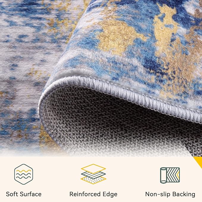 Washable Area Rugs 4'x5' Non-Slip Modern Abstract Soft for Living Room Entryway Bedroom Nursery, Print Pattern, Grey Blue Gold/Golden