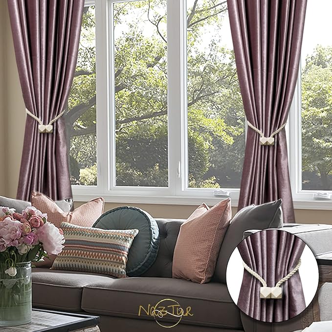 NazTur Magnetic Curtain Tiebacks- Upgrade 2022 with a Thicker Twist Rope & Strong Magnet Tieback Window Treatment Holdbacks Draperies Holders Decorative Drape Handmade Tie Back (Beige, 4)