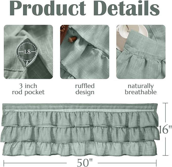 jinchan Ruffled Valance Curtain Slubbed Crossed Kitchen Valance Vintage Shabbychic Style for Living Room Small Windows 18 Inch Cottagecore Farmhouse Half Window Rod Pocket 1 Panel Frosty Green