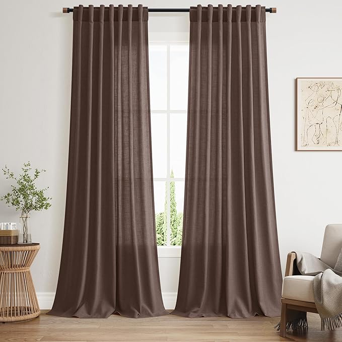 Nanspring Cappuccino Linen Blend Light Filtering Back Tab Curtains 96 Inches Long, Semi Sheer Privacy Drapes for Living Room & Bedroom, 52x96 inch, 2 Panels