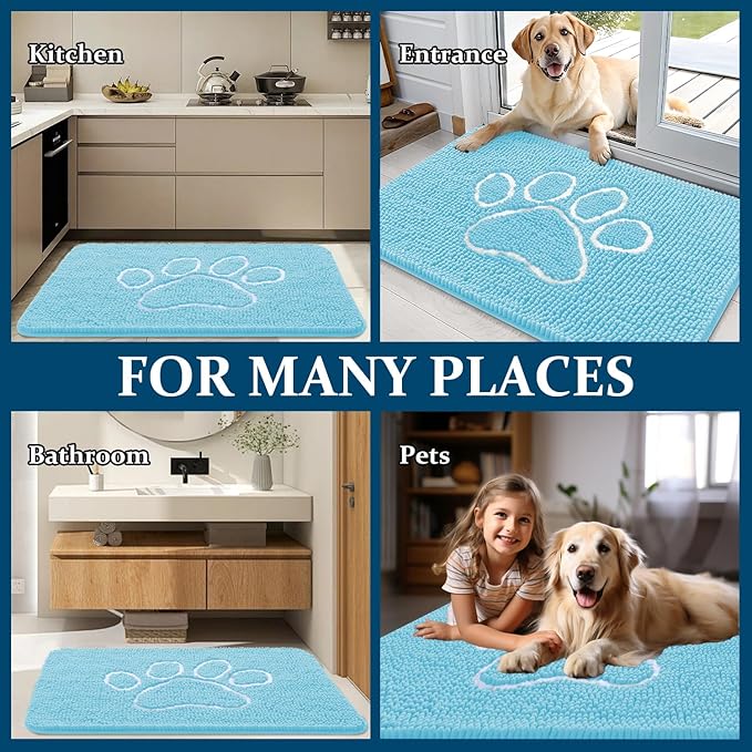 OLANLY Dog Door Mat for Muddy Paws 59x35, Paw Print Design, Absorbs Moisture and Dirt, Absorbent Non-Slip Washable Doormat, Quick Dry Chenille Mud Mat for Dogs, Entry Indoor Entryway Carpet, Blue