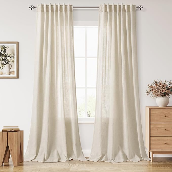 Nanspring Modern Farmhouse Decor Curtains 96 Inches Long for Living Room Linen Birch Beige Luxury Light Filtering Semi Sheer Curtain Back Tab Coastal Drapes for Bedroom Office 52x96, 2 Panels
