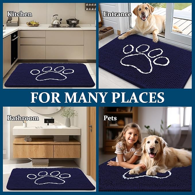 OLANLY Dog Door Mat for Muddy Paws 59x35, Paw Print Design, Absorbs Moisture and Dirt, Absorbent Non-Slip Washable Doormat, Quick Dry Chenille Mud Mat for Dogs, Entry Indoor Entryway Carpet, Navy Blue