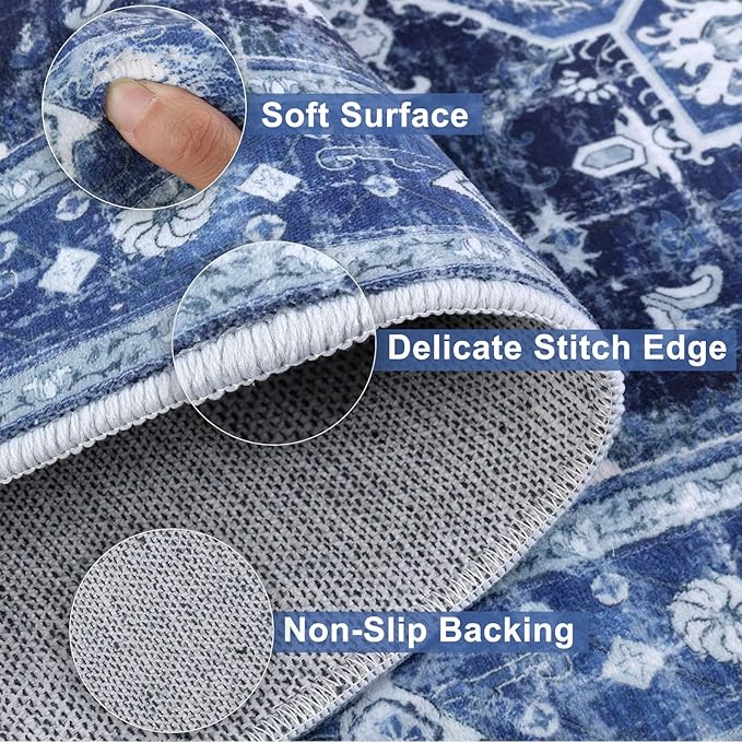 Yamaziot Washable Runner Rug, 2x8 Non-Slip Boho Vintage Hallway Rug Runner with Rubber Backing, Stain Resistant & Low Pile Faux Wool Distressed Carpet Runner for Bedroom, Kitchen, Laundry, Entrance
