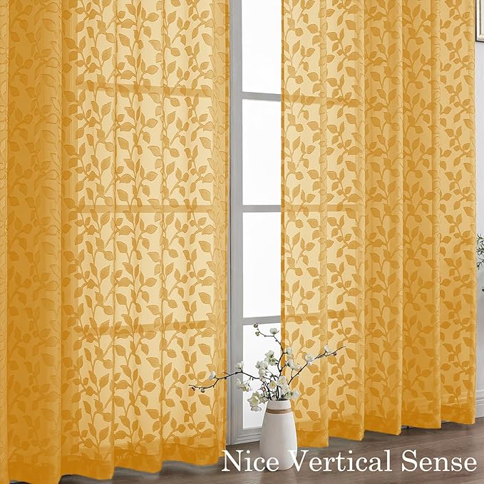 Chyhomenyc Extra Long Gold Sheer Curtains 108 Inch Length 2 Panels Set, Light Filtering Tufted Textured Soft Airy Rod Pocket Gentle Leaf Window Treatment Drapes for Living Room, 52" Wx108 L, 2PCS