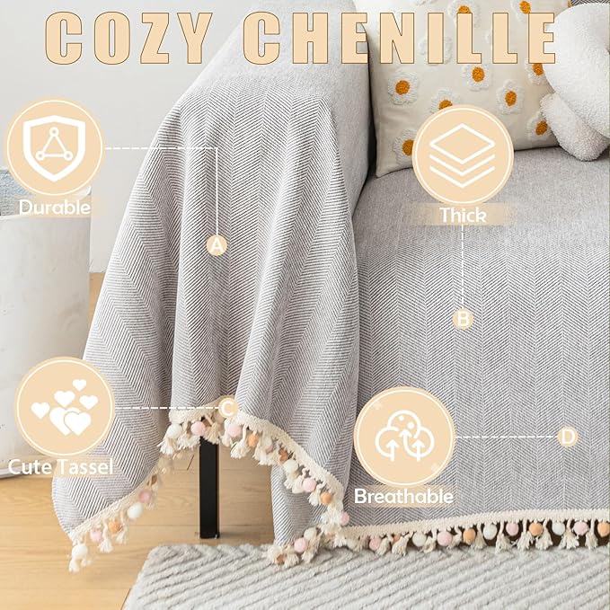 HANDONTIME Grey Sofa Cover for Couch Boho Couch Cover for 3 Seat Couches Dog Couch Cover Love Seat Couch Covers Light Grey Sectional Cover 91" X150" Tassel Chenille Herringbone Sofa Covers