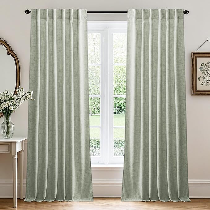 RYB HOME Linen Sheer Curtains and Drapes for Living Room and Dining Room 90 inches Length, Breathable Back Tab/Rod Pocket Semi Sheer Curtains, Sage Green, W 52 x L 90 inches, 2 Panels Set