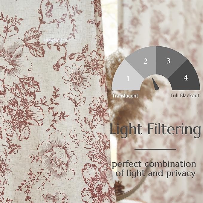 jinchan Linen Blend Curtain Floral Curtains for Living Room 90 Inch Length Farmhouse Brick Red Printed Curtain Rod Pocket Back Tab Peony Flower Patterned Drapes Curtains Set 2 Panels