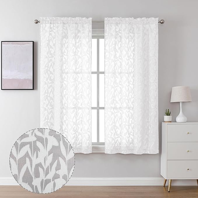 Lecloud Leia 2 Panels Sheer White Curtains 63 Inch Length for Kitchen, Privacy Protections Bedroom Curtain & Drapes Rod Pockets Top, Jacquard Clip Farmhouse Leaves Voile Living Room Panels, 38x63 Inch