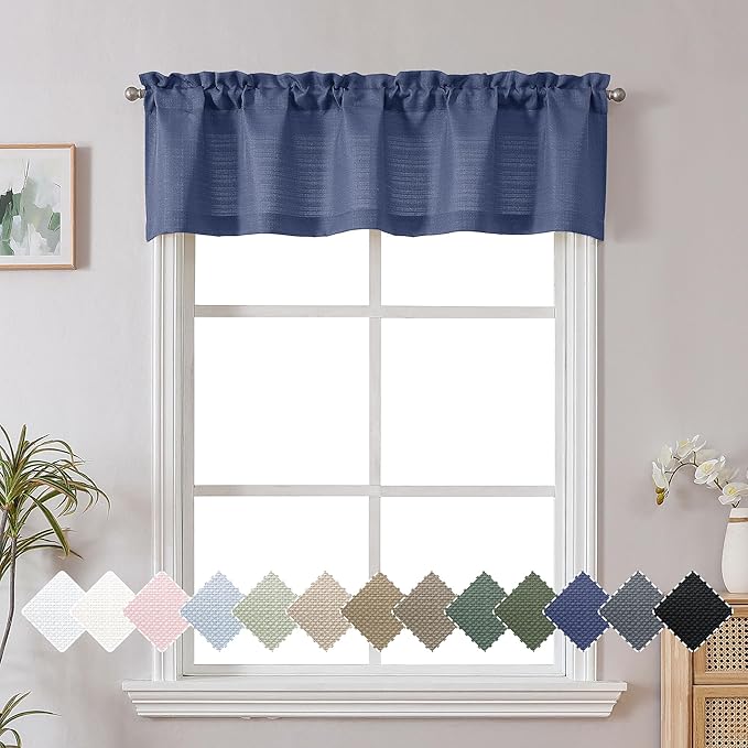 Chyhomenyc Blue Valance for Windows, Light Filtering Faux Linen Textured Small Kitchen Window Curtain, Rod Pocket Short Valance for Bathroom Laundry Basement, 60Wx14L inch, 1 Piece