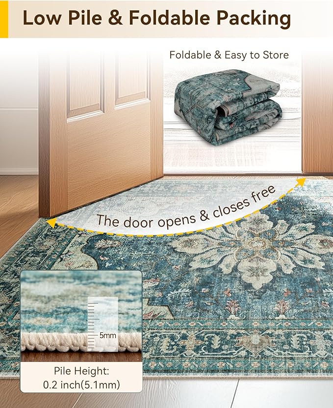 Area Rugs 3'x6' Runner Rug Non Slip Washable for Kitchen Hallway Bedroom Beside Laundry Room Bathroom Rug, Floor Carpet, Dark Blue Vintage