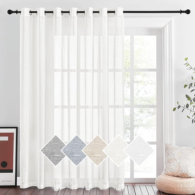 NICETOWN Semi Sheer Linen 100 Inch Curtains Flax Texture W100 x L84, Grommet Casual Patio Curtain Linen Sheer Window Treatment Privacy with Light Filtering for Sliding Glass Door, Ivory, 1 Piece