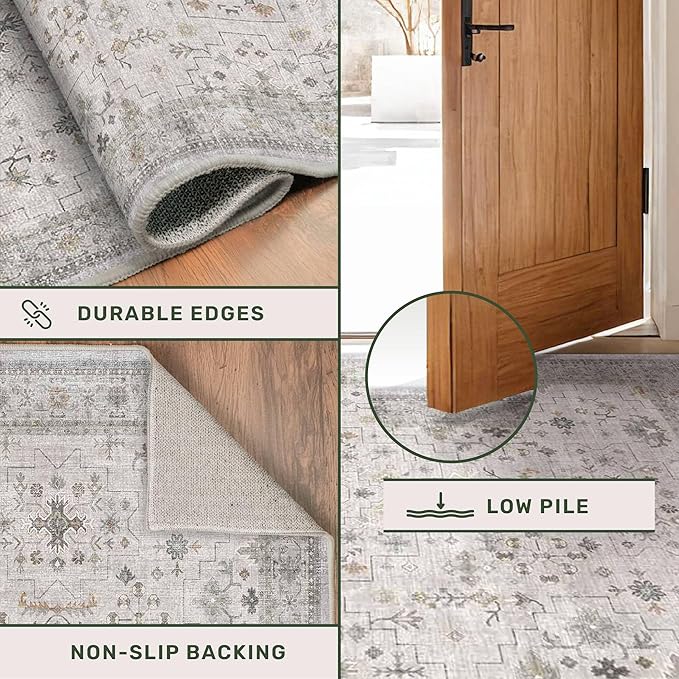 Hazo Haus Boho Light Grey Living Room Rug 6x8 - Modern Vintage Eclectic Floral Paste Neutral Taupe, Washable Low Pile Non-Slip Large Area Rugs for Dining Under Table, Bedroom