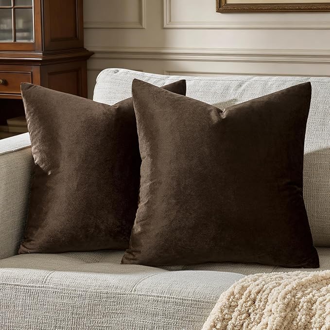 GIGIZAZA Brown Velvet Pillow Covers 18x18,Square Solid Throw Pillow Covers Decorative Modern Pillows Small Vintage Cases for Couch Pack of 2