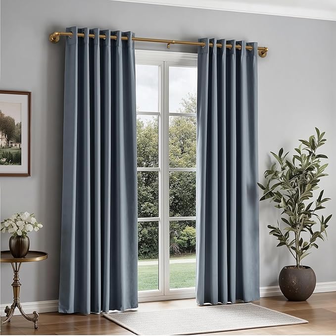 Zeerobee Curtain Rods for Windows 48 to 84, 1 Inch Industrial Wrap Around Warm Gold Curtain Rod, Indoor/Outdoor Room Divider Adjustable Drapery Pole, 48"-86"