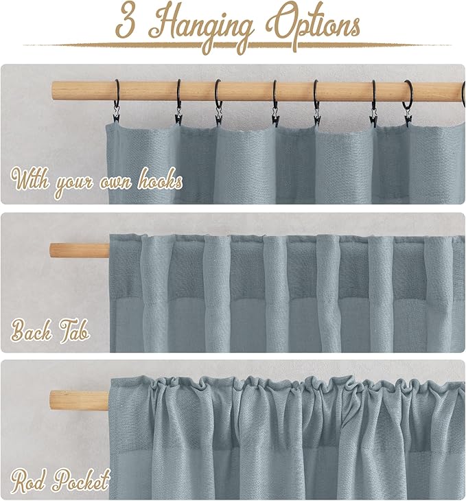 NICETOWN Linen Blend Mist Blue Curtains for Living Room, Rod Pocket & Back Tab Flax Burlap Window Treatments Semi Sheer Privacy with Light Filtering Drapes for Bedroom, W52 x L84, 2 Panels