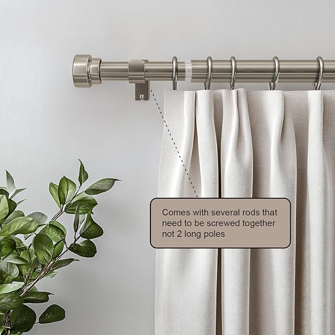 Lootkell Modern Brushed Nickel Curtain Rods for Windows 16 to 60 Adjustable Length Heavy Duty 1" Diameter Window Curtain Rod with Solid Metal Finials for Outdoor Farmhouse Bedroom Kitchen Living Room