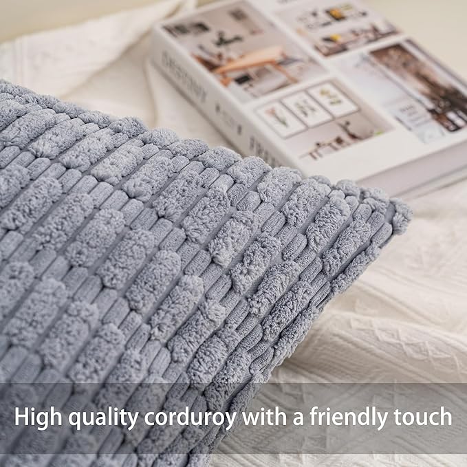 Pack of 2 Corduroy Decorative Throw Pillow Covers 18x18 Inch Soft Striped Pillow Covers Modern Farmhouse Home Decor for Sofa Living Room Couch Bed（Silver Gray）