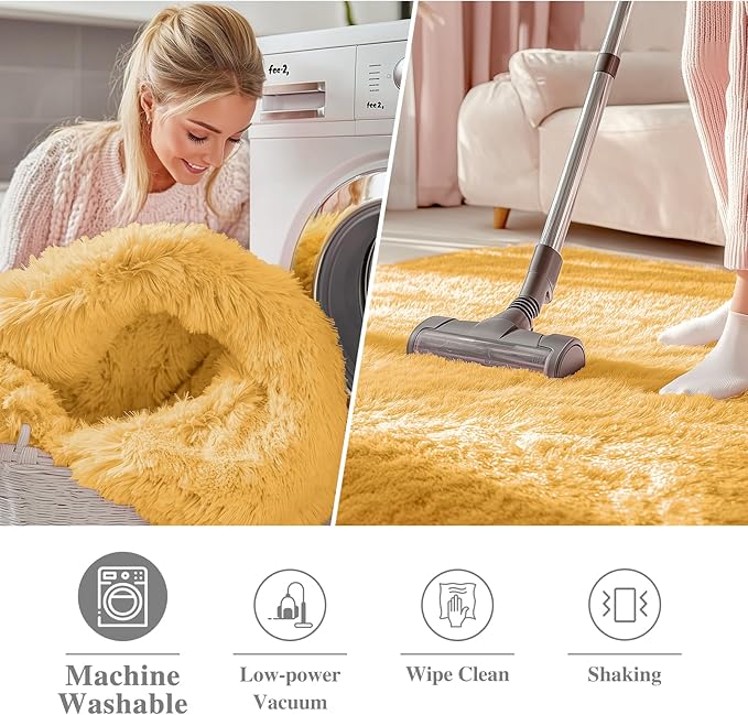 OLANLY Mustard Yellow Round Rugs for Bedroom - Machine Washable, 8 ft Circle Area Rugs for Living Room, Soft and Fluffy Shaggy Carpet for Teen Girl and Boys, Nursery Rooms, Dorms, Home Decor Aesthetic