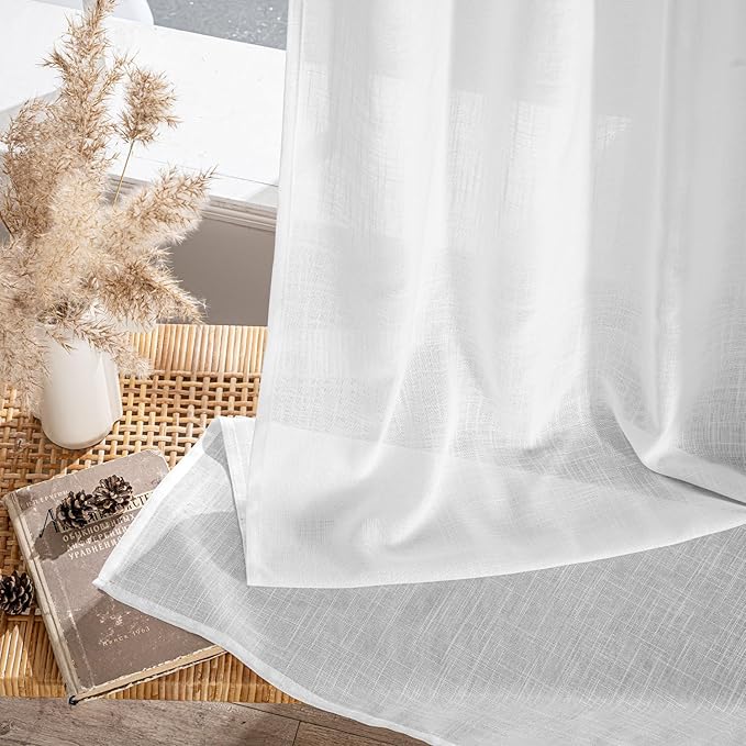 MIULEE White Linen Curtains 80 Inch Length 2 Panels for Bedroom Living Room, Soft Thick Linen Textured Back Tab Window Drapes Semi Sheer Light Filtering Rod Pocket Modern Farmhouse Decor