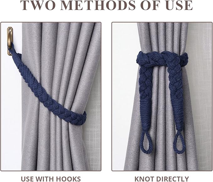 NICEEC 4 Pack Natural Cotton Rope Curtain Tiebacks Elegant Boho Style Decorative Drape Tie Backs Soft Hand-Woven Rope Curtain Holdbacks with Metal Hook for Home & Office Drapery (Dark Blue)