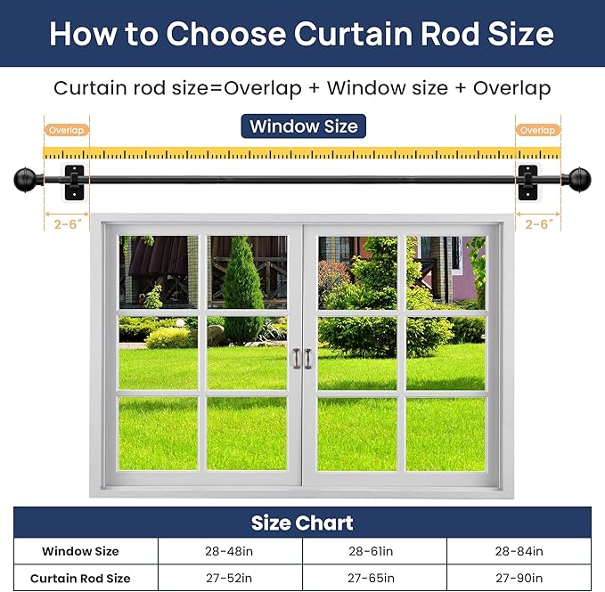ENJOYBASICS 2 Pack No Drill Curtain Rods for Window 28 to 60 Inches, 5/8 Inch Diameter Renter Friendly Drapery Rod with Adhesive Brackets without Drilling, Adjustable from 27 to 65 Inches, Black