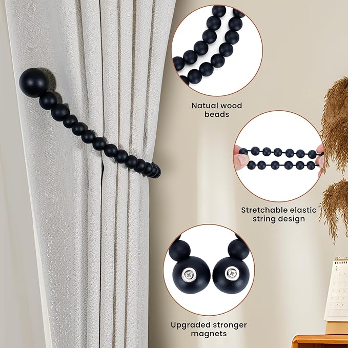 KLOGTSIND Magnetic Curtain Tiebacks, Curtain Tie Backs for Curtains 2 Pack, Wood Bead Curtain Tiebacks, Curtain Holders for Boho Bedroom Decor, Baby Nursery Decor, Farmhouse Decor