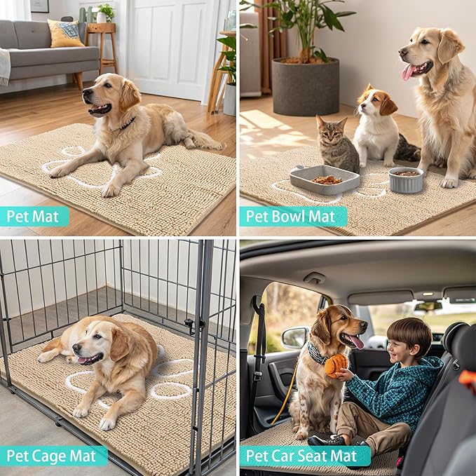 Smiry Dog Door Mat for Muddy Paws, Absorbent Dirt Trapper Non Slip Quick Dry Washable Chenille Mat for Mud Dogs, Entry Rug for Indoor and Outdoor (70x32 Inches, Beige and White)