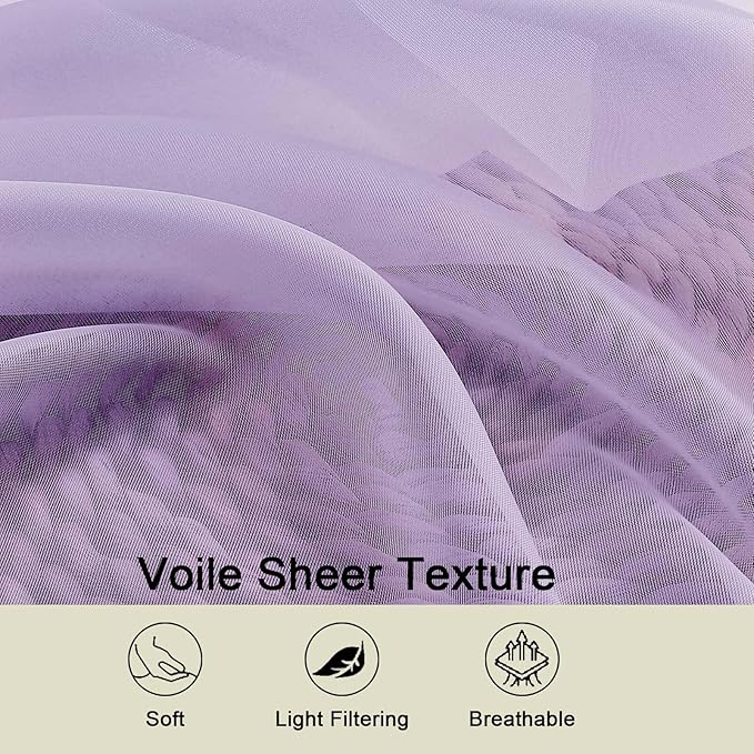 Extra Long Sheer Lavender Curtains for Bedroom Living Room 108 Inches Long 2 Panels Set, Solid Soft Light Filtering Rod Pocket Sheer Window Curtains, Lavender, Each 42" Wx108 L Inch