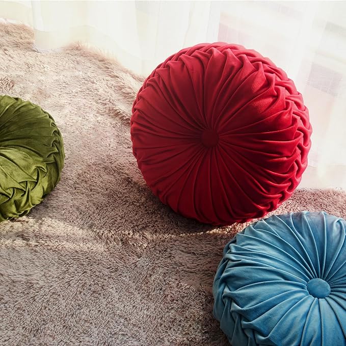 HIG Set of 2 Dusty Blue Ruched Velvet Round Throw Pillows – 14.5’’ Decorative Pillows with Soft Polyester Filling for Couch, Bed, Living Room, Bedroom, or Dorm – Handmade, Stress Relieving, All-Season