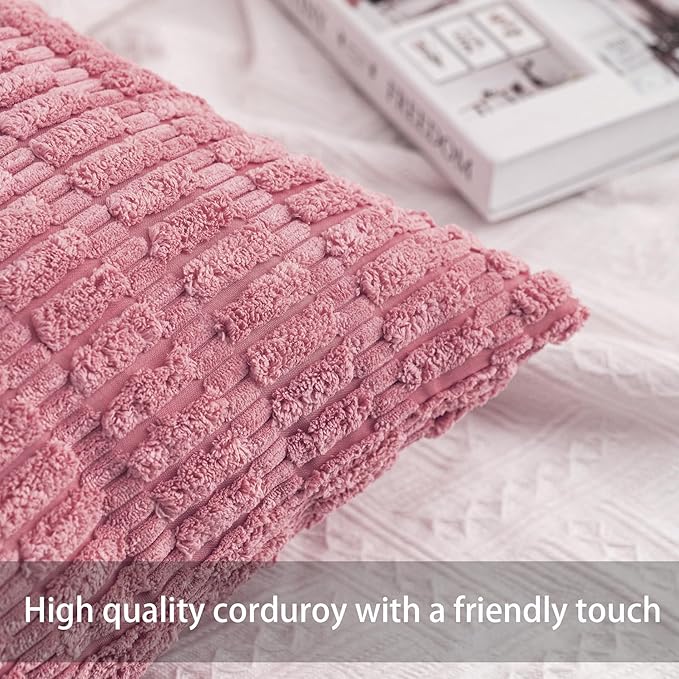 Pack of 2 Corduroy Decorative Throw Pillow Covers 18x18 InchSoft Boho Striped Pillow Covers Modern Farmhouse Home Decor for Sofa Living Room Couch Bed（Pink）