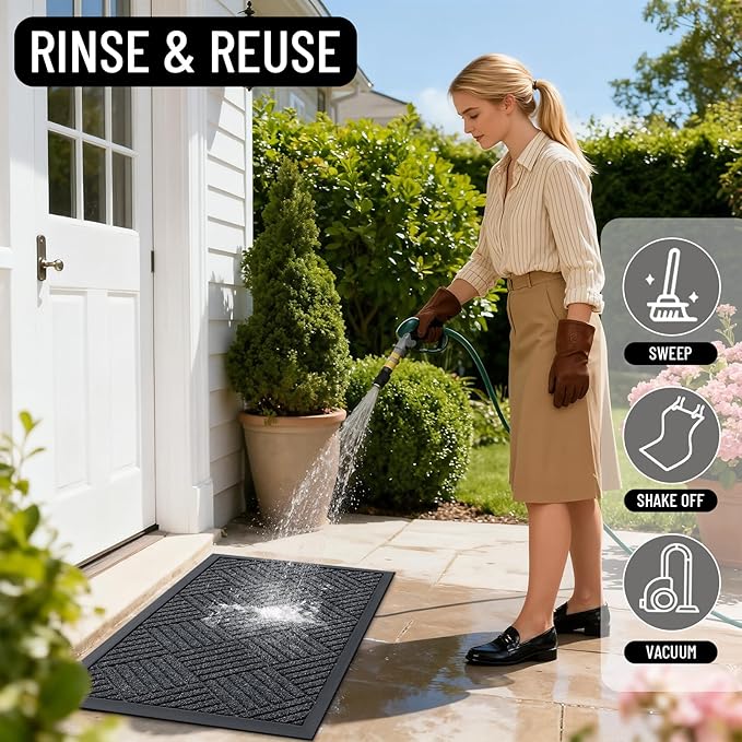 OLANLY Front Door Mat Outside Entrance 47x23, Absorbent, Heavy Duty Sturdy Natural Rubber Doormat Indoor Outdoor, Stain Fade Resistant, Non-Slip Low Profile Floor Mat for Entryway, Black Gray Diamond
