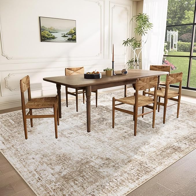 Area Rug 10x14 Washable Rug, Vintage Boho Medallion Rugs Non-Slip Soft Low Pile Large Distressed Rug Indoor Retro Carpet for Living Room Bedroom Dining Room Home Office (Brown, 10'x14')