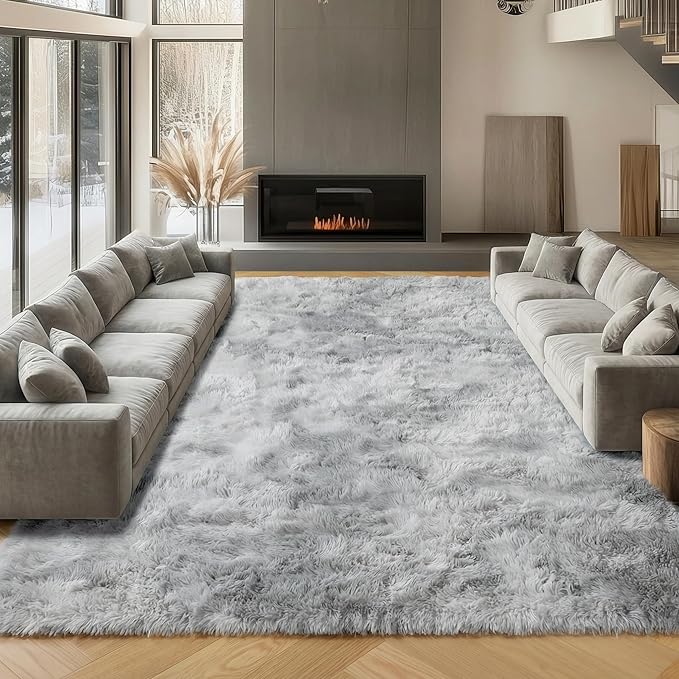 ONASAR Area Rugs 9x12 Living Room, Tie-Dyed Light Grey Large Fluffy Bedroom Rug, Soft Plush Thick Shaggy Big Floor Carpet for Kids Boy Girls Teen Dorm Nursery Indoor Home Decor Aesthetic