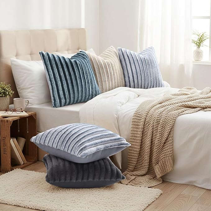 decorUhome Cozy Faux Fur Throw Pillow Covers 22x22 Set of 2 Decorative Soft Plush Striped Modern Farmhouse Boho Couch Euro Sham Pillow Cases with Velvet Back for Sofa Bed Living Roomr, Blue Grey