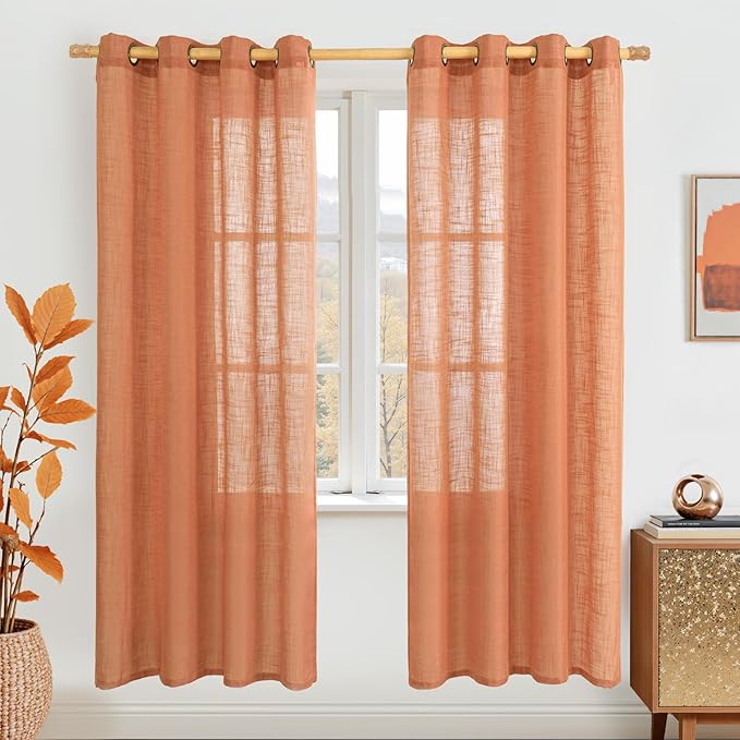 LAMIT Burnt Orange Sheer Linen Curtains 80 inch Length, Light Filtering Linen Boho Drapes Bronze Grommet Rustic Panels for Living Room/Bedroom/Farmhouse, 2 Panels, 52 x 80 Inch