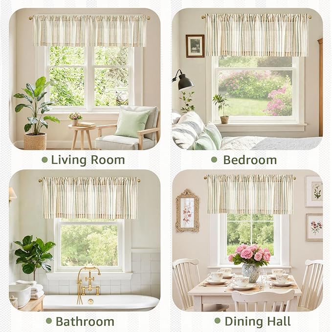 jinchan Valance Curtain Linen Textured Striped Window Curtain for Living Room Light Filtering Farmhouse Valance for Kitchen Rod Pocket 1 Panel 16 Inch Multi Green on Linen