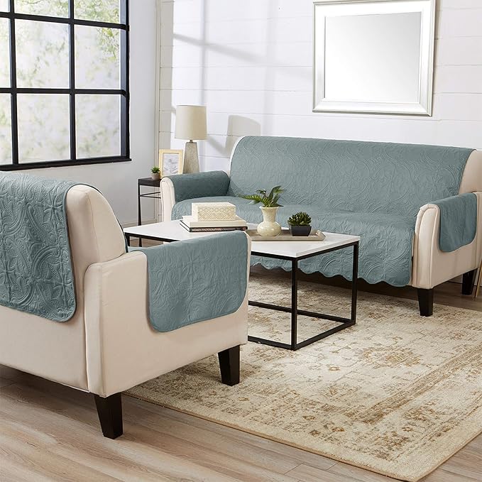 Great Bay Home Reversible Sofa Cover - Washable Slipcover Furniture Protector with Elastic Straps - Perfect for Kids & Pets - Quilted & Stitched Detail (Mirage Gray/Flax)
