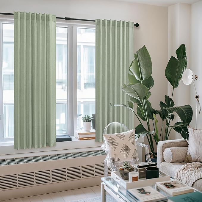 Sage Green Curtains 72 Inch Length for Bedroom 2 Panel Set Rod Pocket Back Tab Drapes Semi Sheer Light Reducing Linen Blend Woven Light Green Curtain for Living Room Dividing Closet Laundry 38X72 Long
