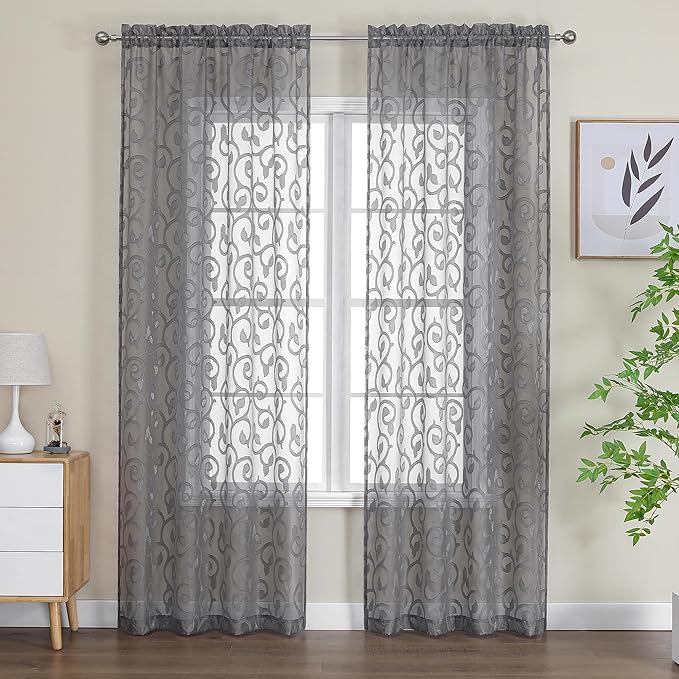 OWENIE Furman Extra Long Sheer Charcoal Gray Curtains 96 inches Long for Bedroom Living Room 2 Panels Set, Light Filtering Semi Sheer Jacquard Clip Farmhouse Curtains Rod Pocket Design, 52Wx96L inch