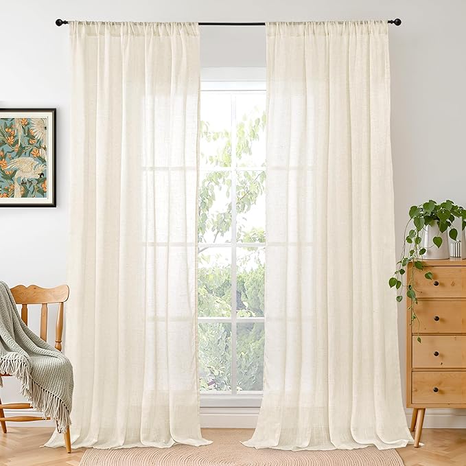 BGment Beige Linen Curtains 80 Inches Long for Living Room - Semi Sheer Rod Pocket Light Filtering Window Drapes for Bedroom Dining Room Decor Lightweight Rustic, 2 Panels, 52 Inch Wide Each Panel