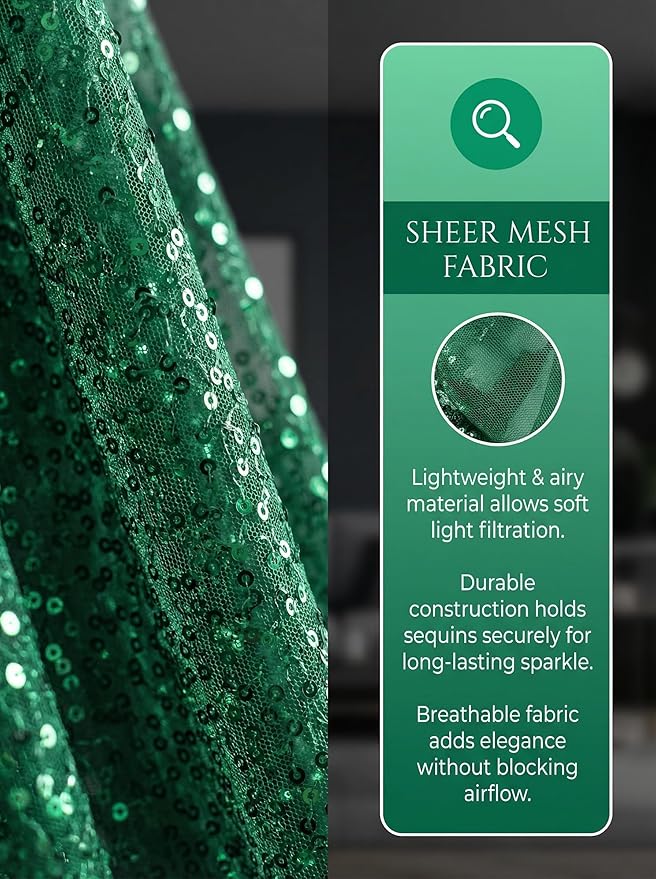 Molaxhome Swag Curtain 51 inch Length Rod Pocket Scalloped Curtain Valance Sheer Lace Panels with Hanging Crystal Beads for Kitchen Bedroom Window Treatments Drape Decor 1pc (Sequin Green, 51Wx23L)