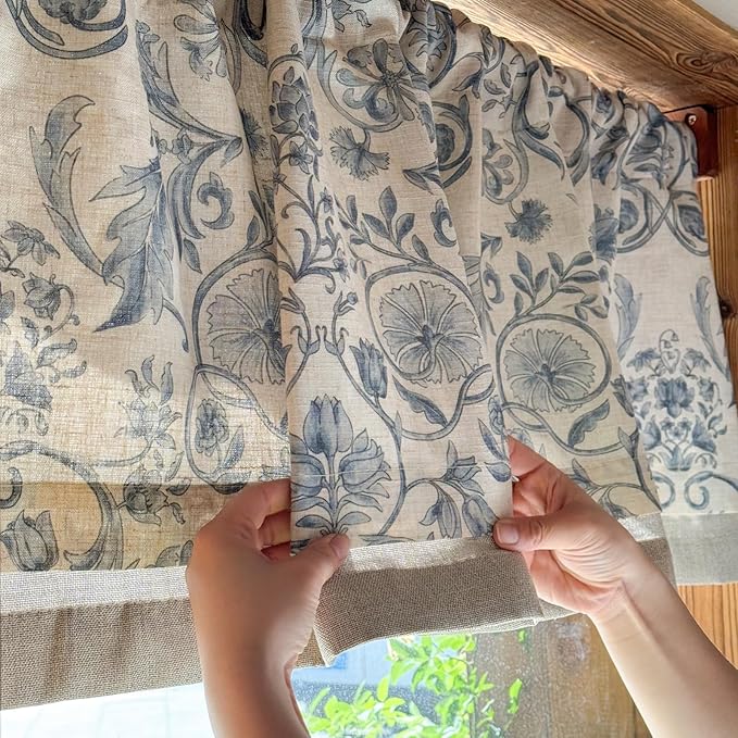 jinchan Linen Valance Kitchen Curtain for Windows Double Layer 18 Inch for Living Room Bedroom Window Treatment Light Filtering Vintage Rustic Farmhouse Cottagecore Rod Pocket 1 Panel Blue on Beige