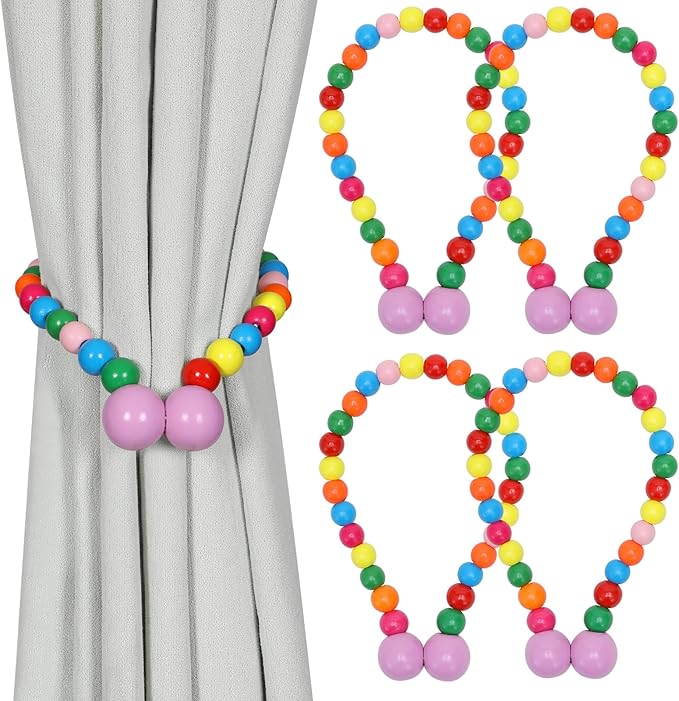 KLOGTSIND Magnetic Curtain Tiebacks, Curtain Tie Backs for Curtains 4 Pack, Wood Bead Curtain Tiebacks, Curtain Holders for Boho Bedroom Decor, Baby Nursery Decor, Farmhouse Décor