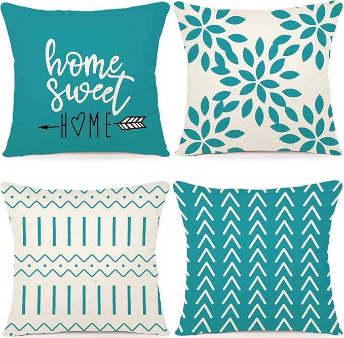 YCOLL Pillow Covers 18x18 Set of 4, Modern Sofa Throw Pillow Cover, Decorative Outdoor Linen Fabric Pillow Case for Couch Bed Car, Aqua Blue